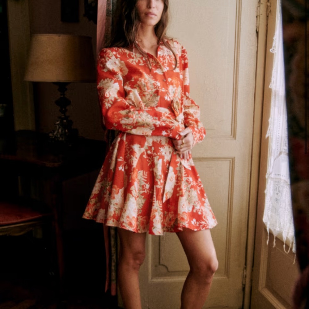 Sezane Vibrant Red and Cream Floral Mini Dress